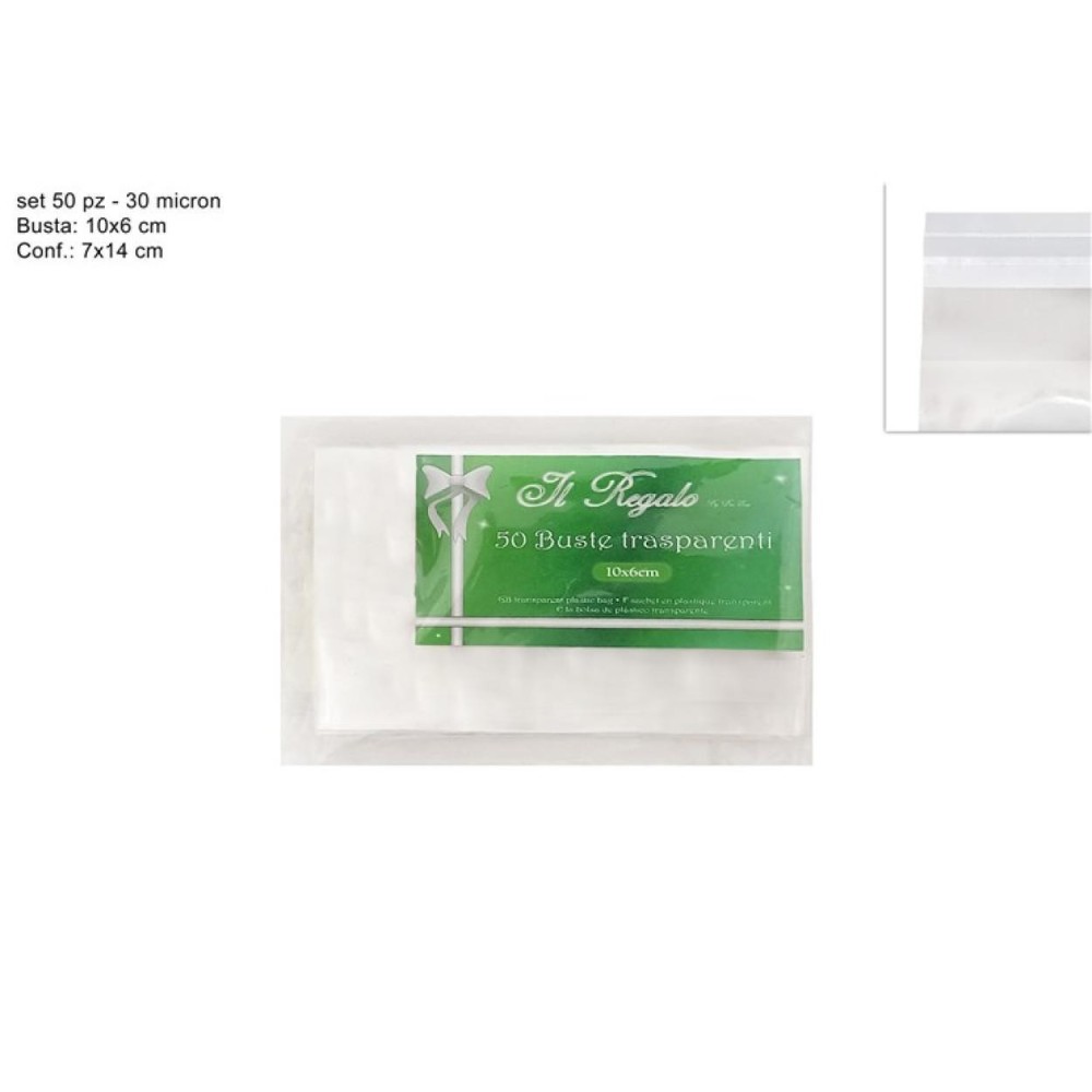 BUSTINE TRASPARENTI 50PZ 10X6CM CON ADESIVO